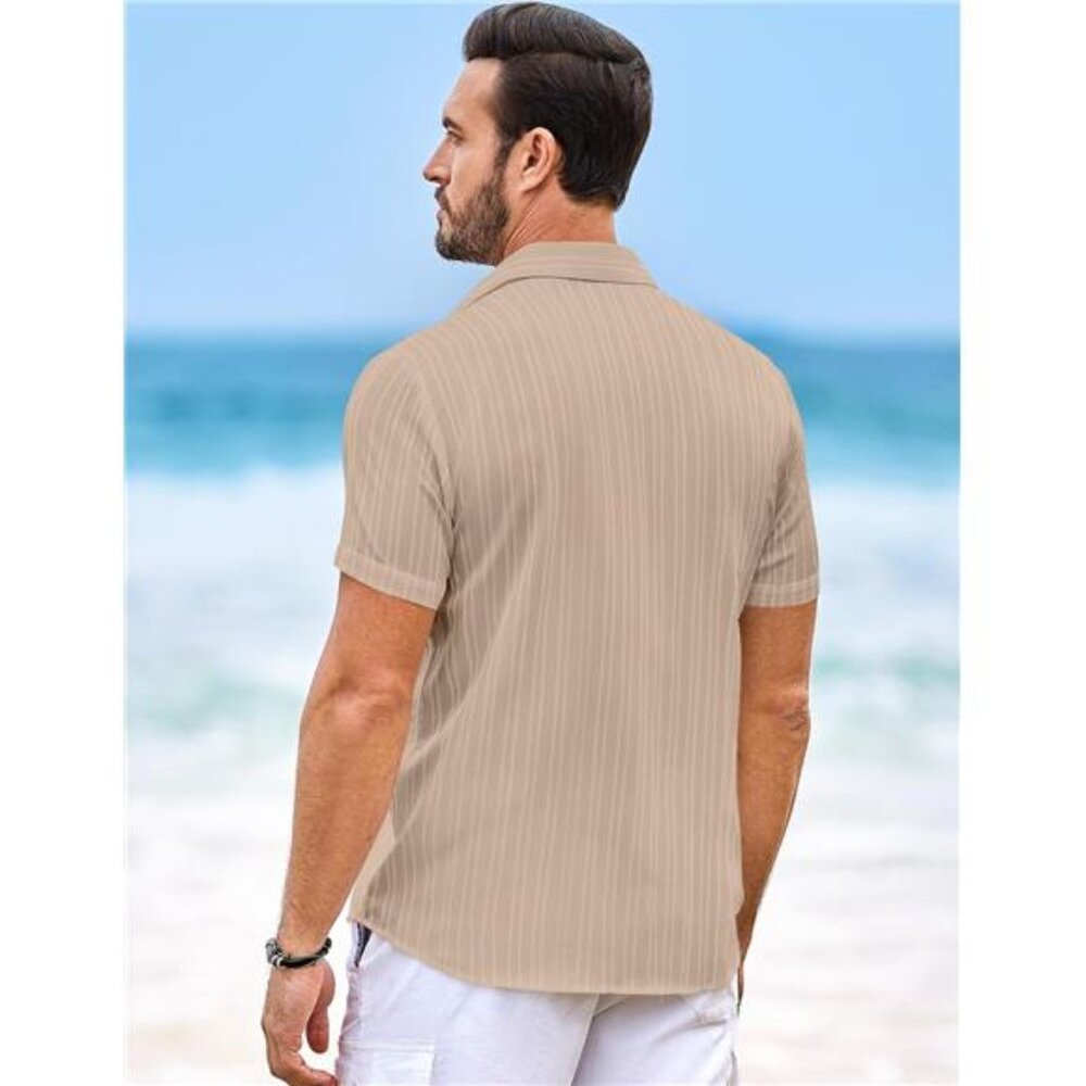 Men Button Down Short Sleeve Shirts Khaki - Picture 3 of 7